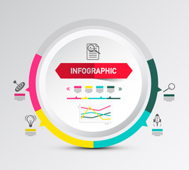 Wall Mural - Infographic Layout with Circle Paper Label and Icons. Data Flow Chart Concept. Vector Company Annual Report Infographic Design with Graphs.