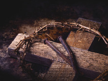 Closeup Of A Wooden Cross, Crown Of Thorns And Nails