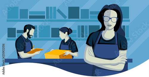 Working people wearing apron. Workers holding clipboard and box.