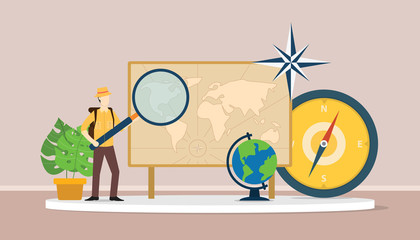 learn geography concept with men explorer suit explain world maps