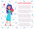 © robu_s - Happy birthday poster, woman with glass of wine, bouquet of flowers, in festive hat celebrate party. Girl, text sample and confetti decorations, brunette female