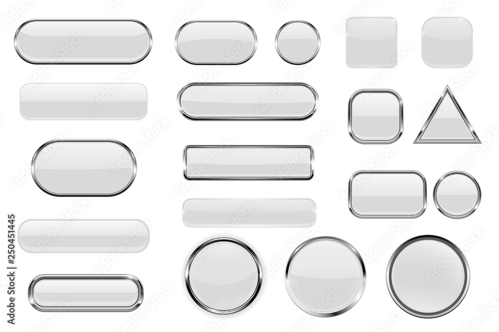 White glass buttons. Collection of 3d icons with and without chrome frame - obrazy, fototapety, plakaty 