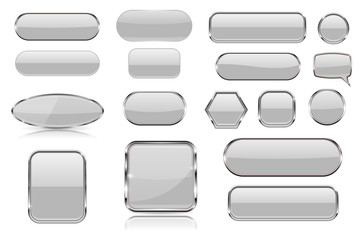 White glass buttons. Collection of 3d icons with and without chrome frame