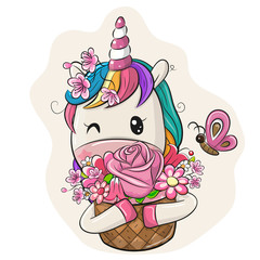 Sticker - Cartoon Unicorn with Flowers on a white background