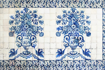 blue traditional portuguese ceramic tiles azulejos. facade, wall decoration of old coimbra universit