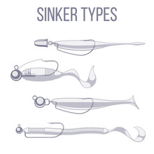 Sinker Types With Offset Hooks And Jigs With Soft Plastic Bait Lures.