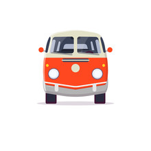 Old Style Two Colors Minivan. Front View Of Red Retro Hippie Bus. Line Style Vector Illustration. Vehicle And Transport Banner. Retro Style Old Car From 60s Or 70s. 