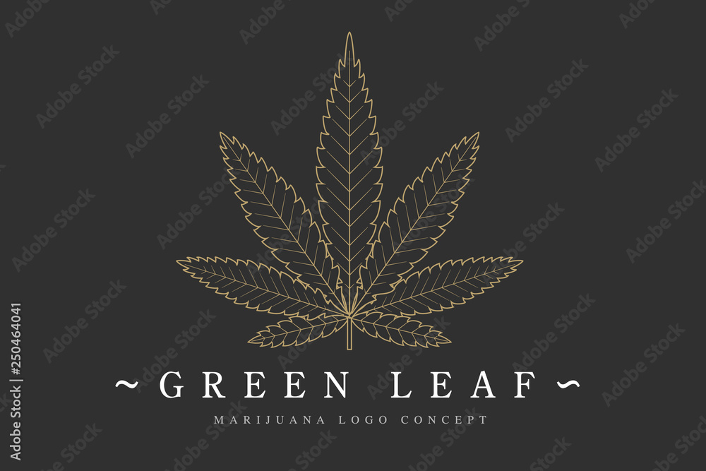 Cannabis marijuana hemp green leaf flat symbol or logo design. Cannabis green silhouette ecology logo. Hemp emblem for the logo design packaging of goods, food, for the creation of printed products. - obrazy, fototapety, plakaty 