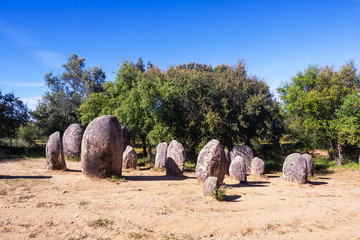 Almendres Cromlech, an Ancient Megalithic Monument of Ceremonial Standing Stones or Menhirs near Evora in Portugal