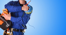 Electrician With Tools And Electrical Equipment Isolated Blue Detail