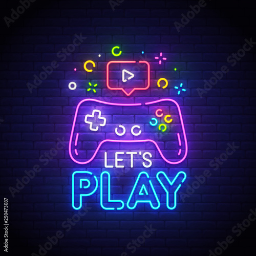 Let's Play neon sign, bright signboard, light banner. Game  logo neon, emblem...