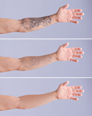 Tattooed man on grey background, closeup of arm