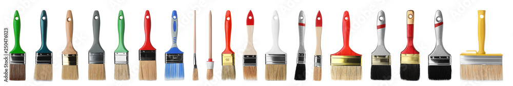 Set of different clean paint brushes on white background - obrazy, fototapety, plakaty 