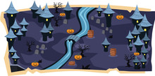 Halloween 2D Game Maps And Purple Land With Castle, Graveyard, River, Orange Pumpkins With Scary Tree For Cartoon Vector Illustration