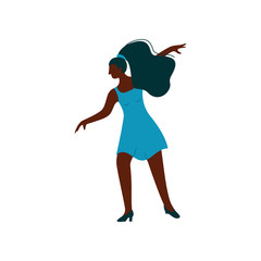 Poster - Beautiful African American Girl Dancing Wearing Blue Short Dress, Female Dancer Character Vector Illustration