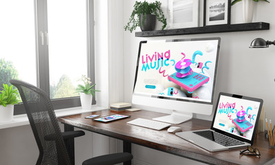 Wall Mural - black and white responsive devices mockup responsive music website