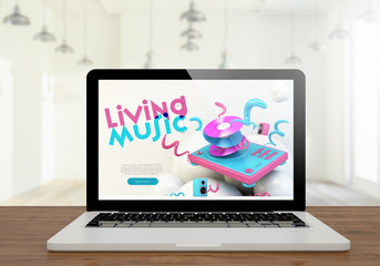 Canvas Print - laptop music website on wooden desktop