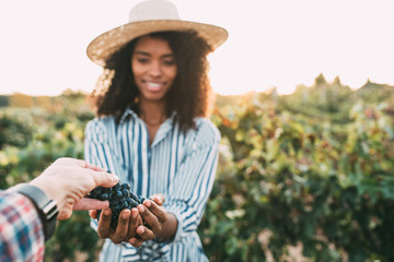 Wall Mural - Hands sharing a bunch of grapes with a happy blurred woman