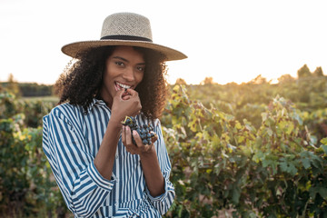 Wall Mural - Happy young woman in a straw hat eating grapes in a vineyard