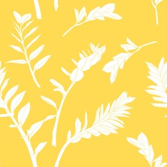  Floral seamless pattern, line split-leaf Zamioculcas plant on yellow background, line art.