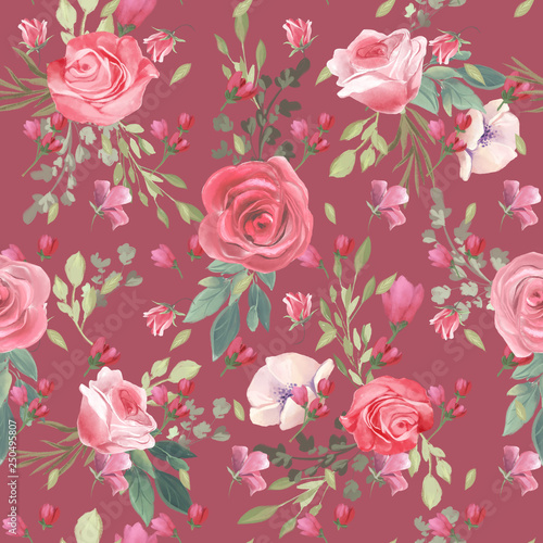 Beautiful, trendy, seamless, tileable pattern with watercolor pink rose bloss...