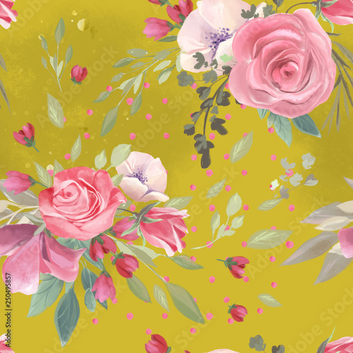 Beautiful, trendy, seamless, tileable pattern with watercolor pink rose bloss...