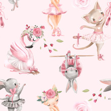 Beautiful, Seamless, Tileable Pattern With Watercolor Ballerinas Animals - Bunny, Kitten, Cat And Flamingo Bird, Ballet Girls And Pink Rose Blossoms, Flowers