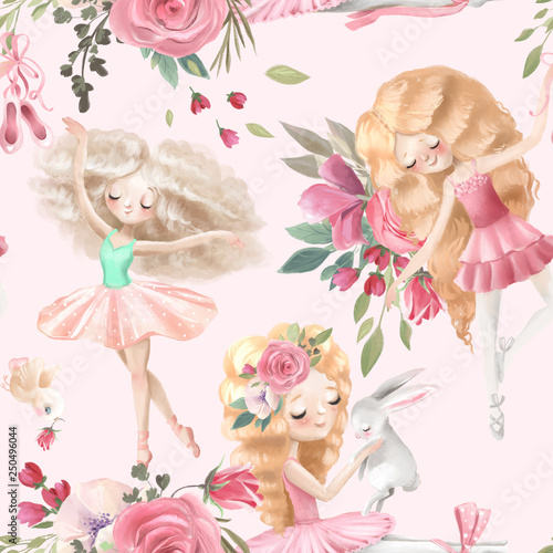 Beautiful, seamless, tileable pattern with watercolor ballerinas, ballet girl...