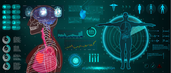 Wall Mural - A modern medical interface for monitoring human scanning and analysis, healthcare HUD style. Futuristic user interface. Abstract virtual graphical user interface for medicine. HUD for motion design. 