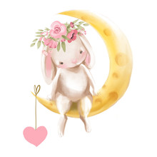 Cute Watercolor Baby Bunny With Flowers, Floral Wreath, Bouquet Sitting On A Half Moon With A Hanging Heart