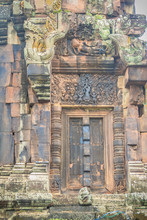 Beautiful Sandstone Craved On The Lintel, Doorway And Windows Of Lord Krishna Killing Lion In Bapuan Khmer Art At Phra That Narai Cheng Weng, Sakon Nakhon, Thailand.