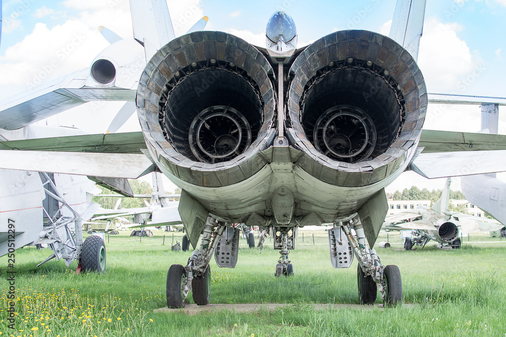 combat fighter turbines, aircraft engine nozzles, rear view Stock Photo ...
