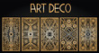 Golden abstract geometric background. Art deco style, trendy vintage design element. Gold grille on a black background. Gold art deco panels. Gatsby style. Vector set retro pattern
