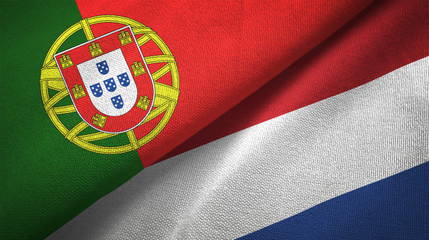 Portugal and Netherlands two flags textile cloth, fabric texture