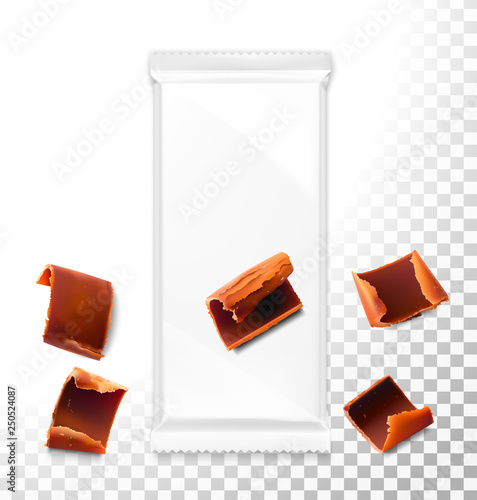 Download Realistic Plastic Packaging Mockup With Chocolate Pieces And Shavings Vector Illustration Isolated On Transparent Background Ready For Your Design Eps10 Stock Vector Adobe Stock