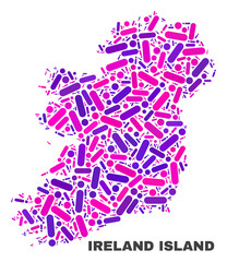 Mosaic Ireland Island map isolated on a white background. Vector geographic abstraction in pink and violet colors. Mosaic of Ireland Island map combined of random round dots and lines.