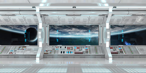 Wall Mural - white spaceship interior with large window view 3d rendering