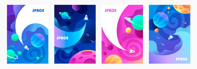 Wall Mural - space explore. flying spaceship. set of vector cartoon banners. children's illustration.