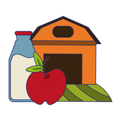 Poster - farm house with apple and milk bottle