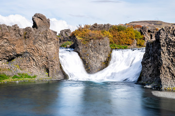 Hjalparfoss waterfall landscape closeup of orange and red tree foliage in south Iceland in autumn fall season with long exposure of water falling