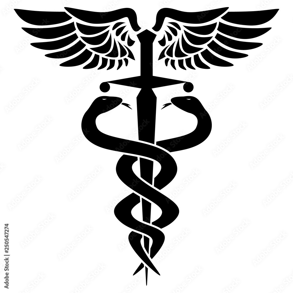 Caduceus medical symbol, with two snakes, sword and wings, isolated ...