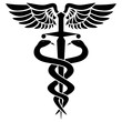 Caduceus medical symbol, with two snakes, sword and wings, isolated vector illustration