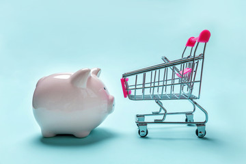 Sale buy mall market shop consumer saving and budget concept. Small supermarket grocery push cart for shopping with piggy bank isolated on blue pastel colourful trendy background