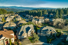 Beautiful Luxury Neighborhood In The Pacific Northwest Photographed At Sunset From The Air