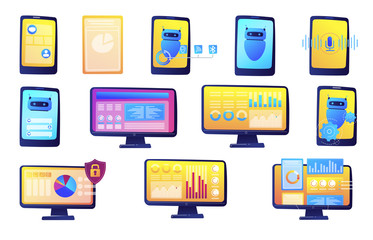 Wall Mural - computer data analysis and chat bot vector illustrations set.
