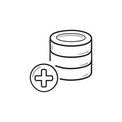 Sticker - Database with plus hand drawn outline doodle icon.