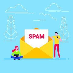 Wall Mural - People read new spam message concept flat style design vector illustration. Open envelope with text on it and people near read message on devices. Warning and hacking security symbols composition. 