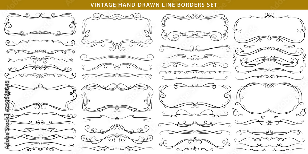 Hand drawn vector ornate swirl doodle vintage calligraphic design elements. Borders, frames, dividers set for wedding greeting and invitation card. - obrazy, fototapety, plakaty 
