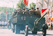 Gomel, Belarus - May 9, 2018: Soldiers Of The Red Army Of The USSR Travel By Truck In The City Of Gomel On The Parade On Victory Day May 9