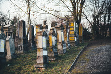 Side View Of Multiple Vandalised Graves With Nazi Symbols In Yellow Spray-painted On The Damaged Graves - Jewish Cemetery In Quatzenheim Near Strasbourg 